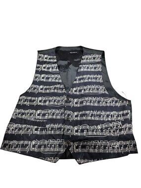 Albert Elovitz Mens Black Silk Vest White Music Sheet Print Handmade Size XL